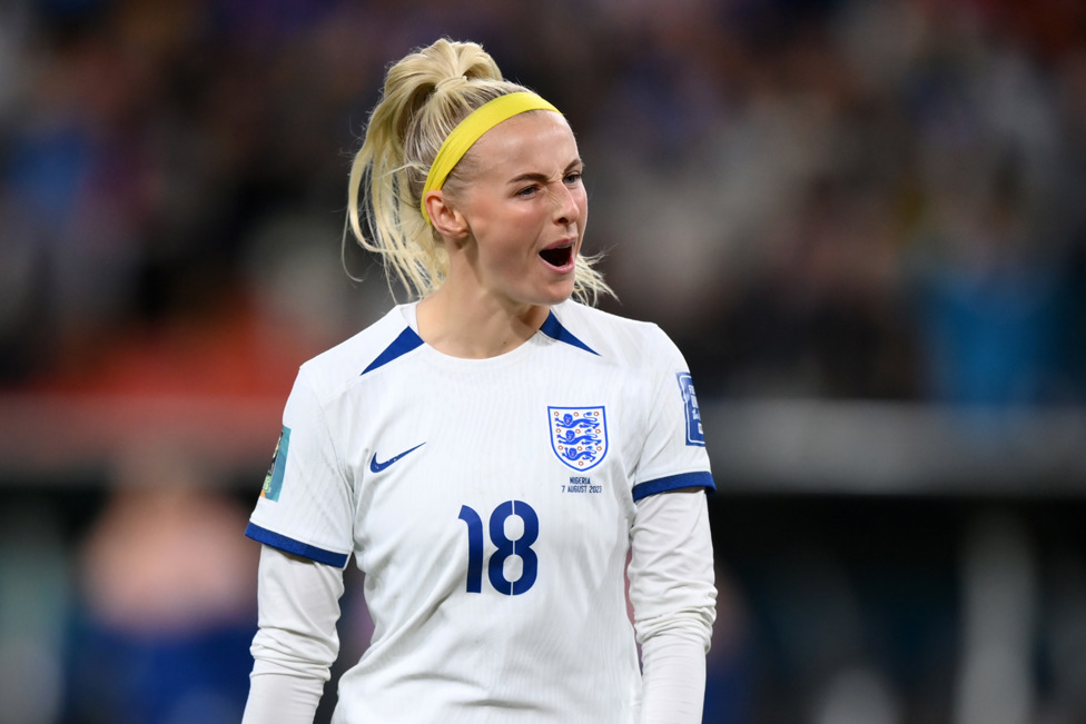 PENALTY PRO : Chloe Kelly celebrates scoring England’s decisive penalty kick in their shoot-out win over Nigeria in the Round of 16. 
