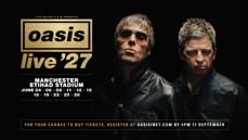 Poster for Oasis 'Live '27' concert at Manchester Etihad Stadium with dates in June. Features two band members wearing sunglasses and leather jackets.