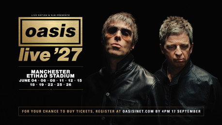 Poster for Oasis 'Live '27' concert at Manchester Etihad Stadium with dates in June. Features two band members wearing sunglasses and leather jackets.
