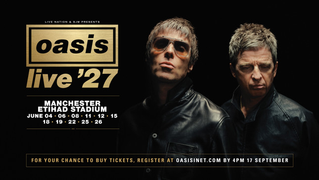 Poster for Oasis 'Live '27' concert at Manchester Etihad Stadium with dates in June. Features two band members wearing sunglasses and leather jackets.