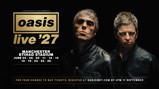Poster for Oasis 'Live '27' concert at Manchester Etihad Stadium with dates in June. Features two band members wearing sunglasses and leather jackets.
