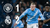 Scoreboard graphic showing Manchester City 1 - Real Madrid 2, with players in the background.