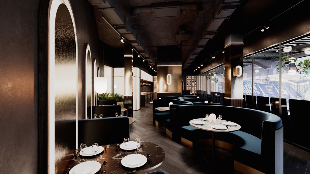 A modern upscale restaurant interior featuring elegant arched mirrors, round booths with dark blue upholstery, and tables set with plates and glassware. Soft lighting and a view of a stadium through large windows add to the ambiance.