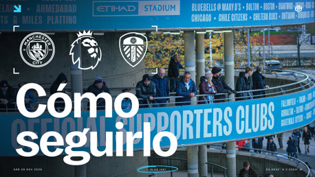 A promotional image for a Manchester City vs Leeds United Premier League match with details on how to follow it. The match is scheduled for Sat 29 Nov 2025 at 15:00 (UK) at Etihad Stadium.