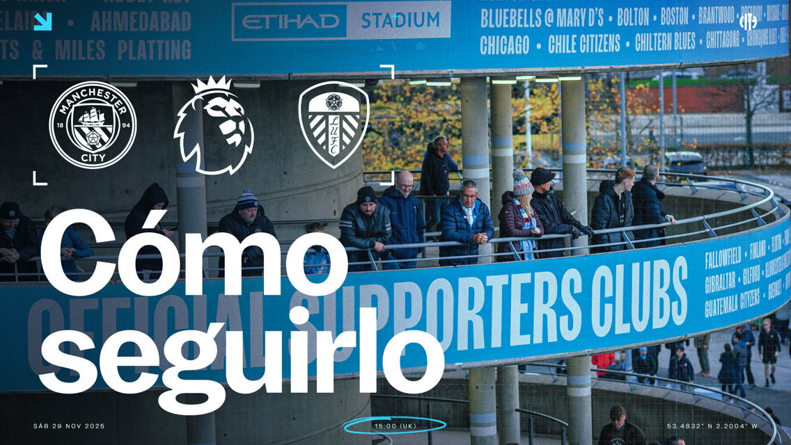 A promotional image for a Manchester City vs Leeds United Premier League match with details on how to follow it. The match is scheduled for Sat 29 Nov 2025 at 15:00 (UK) at Etihad Stadium.