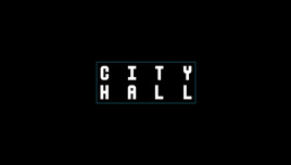 Text 'CITY HALL' in a modern, bold font inside a rectangular border on a black background.