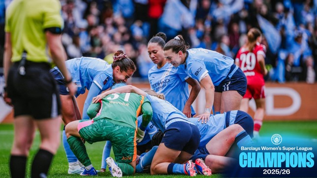 Manchester City Women's team celebrating on the pitch as Barclays Women's Super League champions for the 2025/26 season.