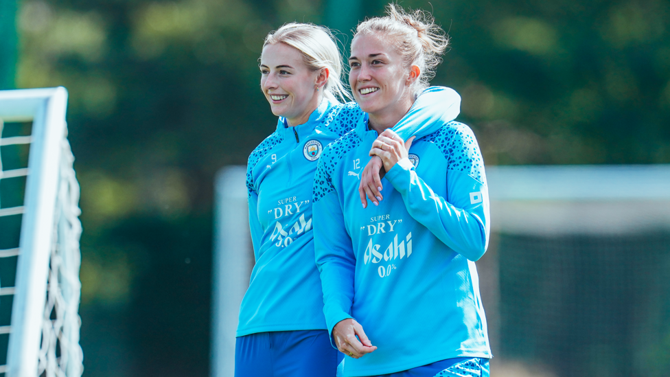 REUNITED : Chloe Kelly and Filippa Angeldahl taking a minute to catch-up after their respective World Cup success.
