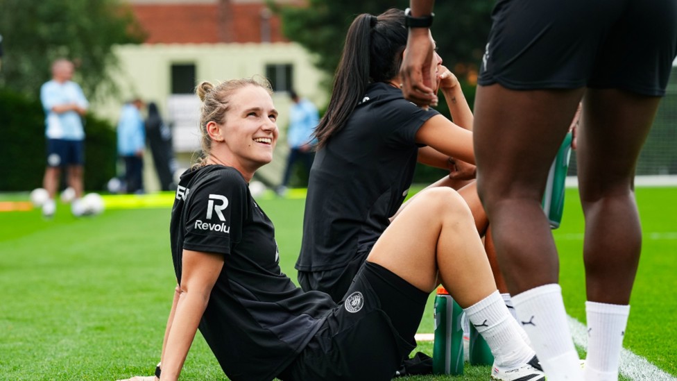 SHARP SHOOTER: Vivianne Miedema's expression summed up the positive mood in camp as the City squad went about their work.