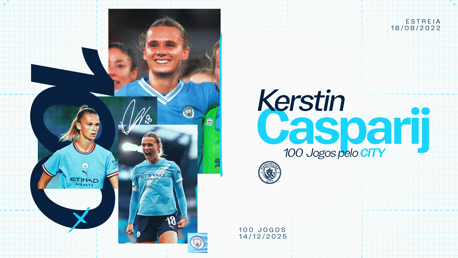 A graphic celebrating Kerstin Casparij reaching 100 appearances for Manchester City's women's team. It mentions her debut on 18/08/2022 and the date of the 100th game as 14/12/2025. Includes Manchester City logo.