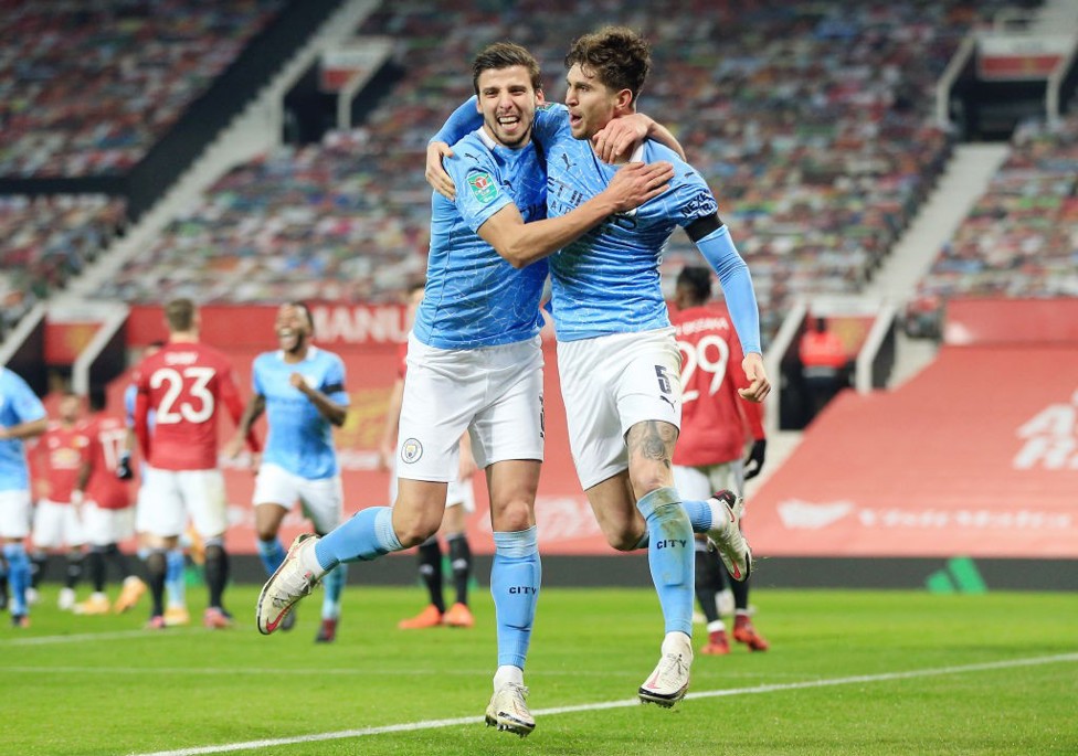 WEMBLEY: Ruben melakukan selebrasi bersama John Stones saat kami menang di semifinal Carabao Cup atas Manchester United musim lalu