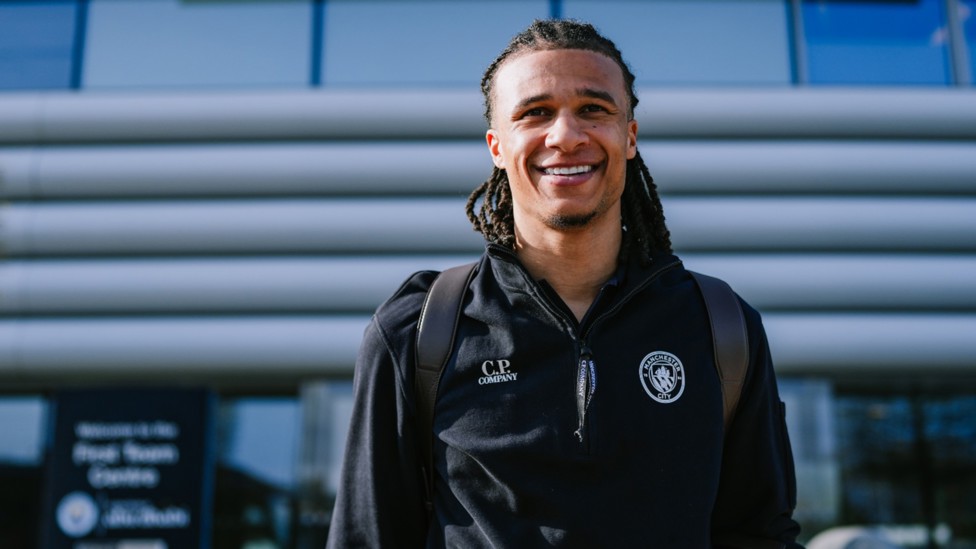 NEXT STOP WEMBLEY! Nathan Ake heads out of the CFA as City set off for London.