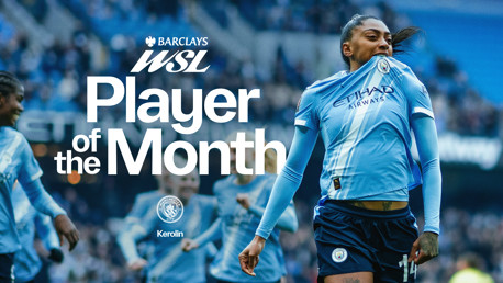 Image of a Manchester City Women's player celebrating, featuring the Barclays WSL Player of the Month award for Kerolin.