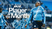 Image of a Manchester City Women's player celebrating, featuring the Barclays WSL Player of the Month award for Kerolin.