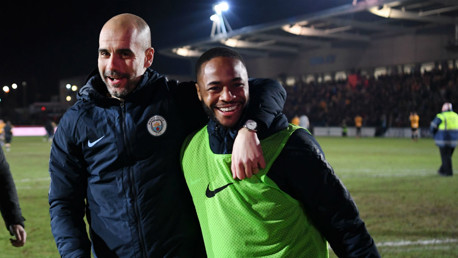 SMILES ALL ROUND: Pep and Raheem celebrate as the final whistle is blown.