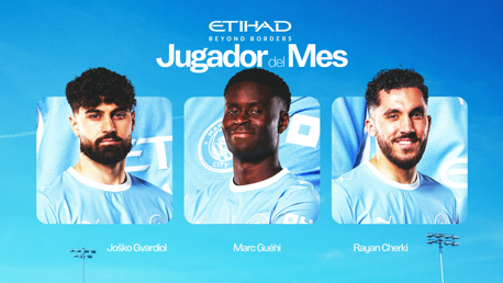 Three football players from Manchester City are featured as nominees for 'Jugador del Mes' sponsored by Etihad. The players' names are listed: Joško Gvardiol, Marc Guéhi, and Rayan Cherki.