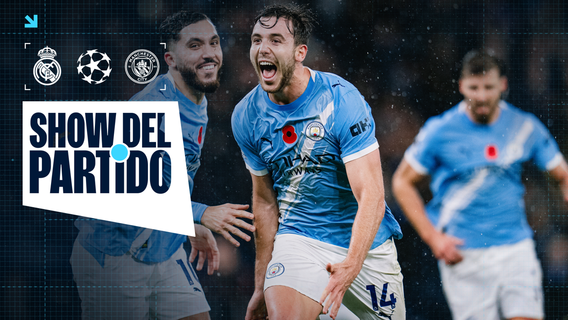 Promotional image for the UEFA Champions League match between Real Madrid and Manchester City. It features Manchester City players with blurred faces and their team logo. The backdrop suggests an active game scenario.