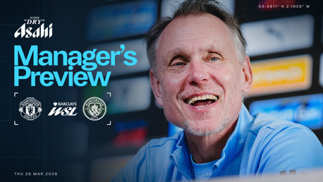 Manchester United vs Manchester City coverage image for WSL Manager's Preview, sponsored by Asahi. Includes location coordinates and date.