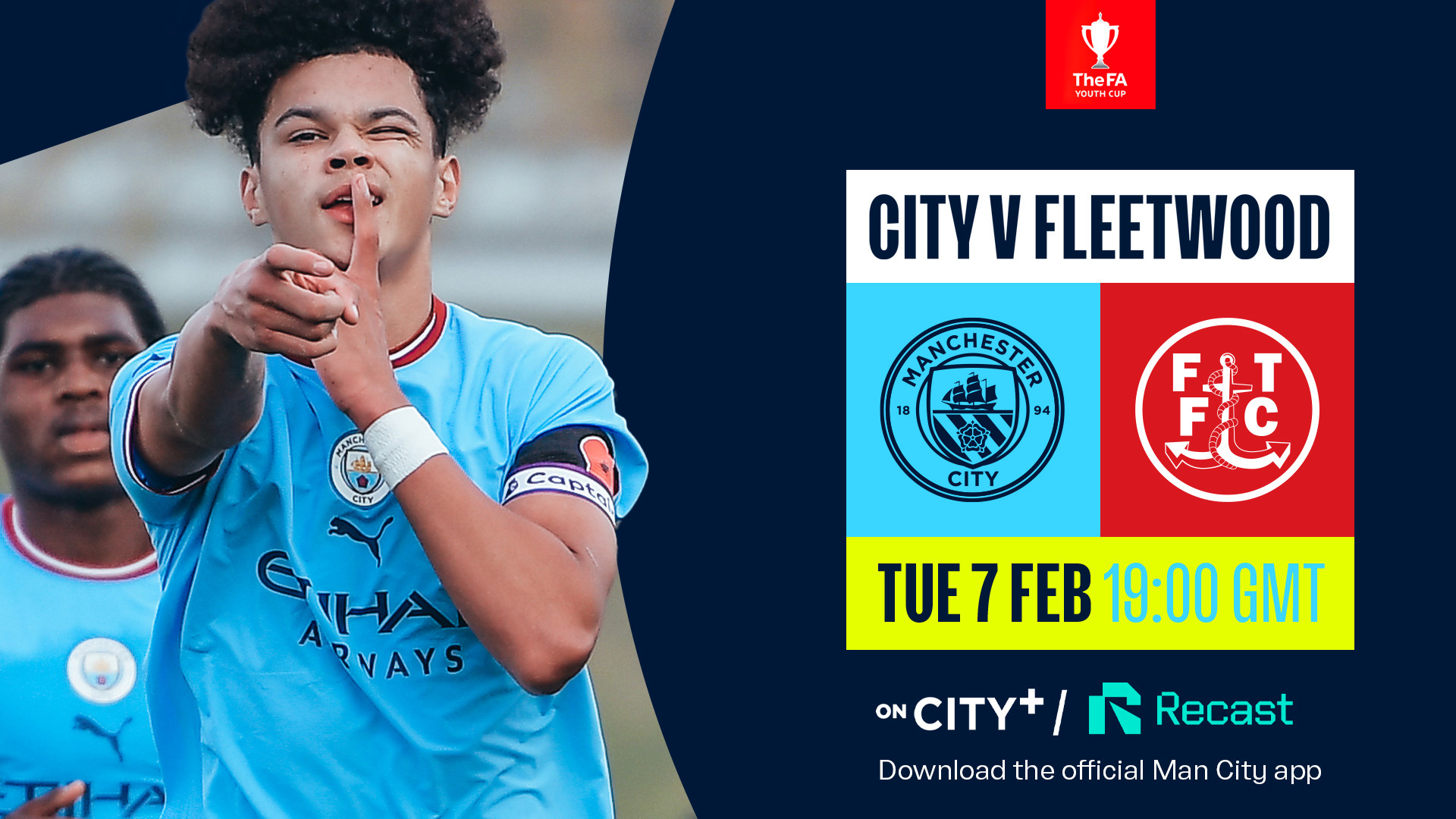 Watch City’s FA Youth Cup tie with Fleetwood on CITY+ and Recast