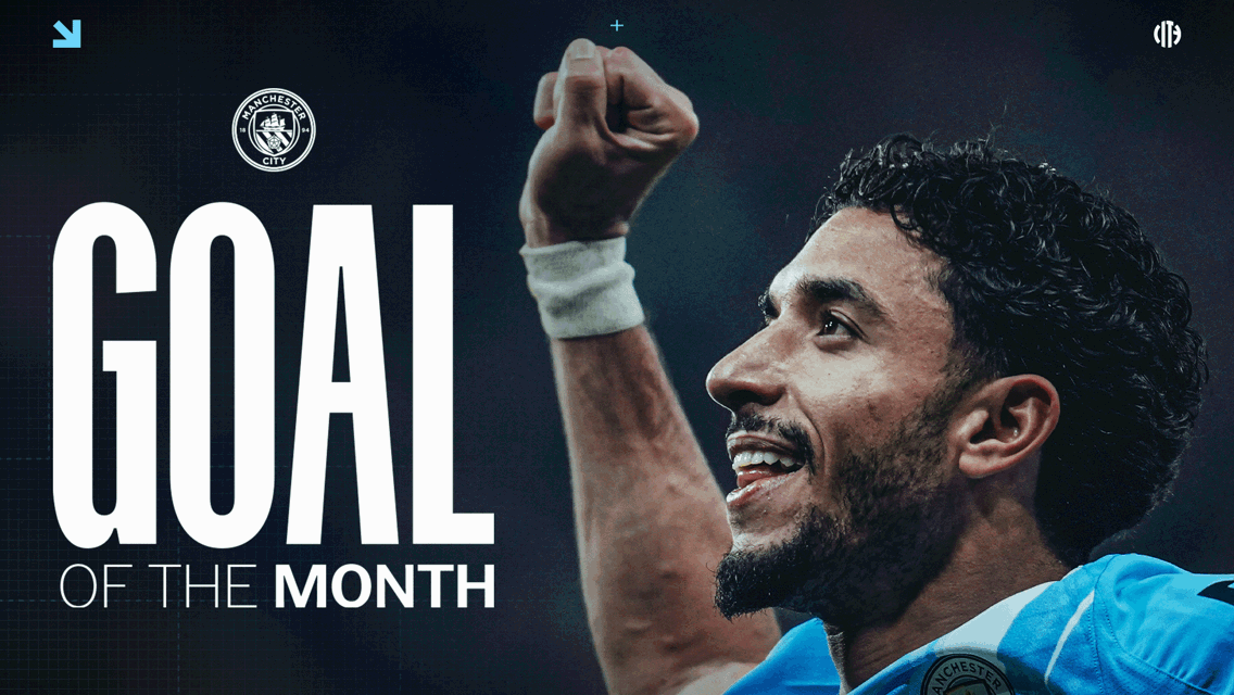 Text saying 'GOAL OF THE MONTH' next to a raised fist celebrating, featuring the Manchester City logo.
