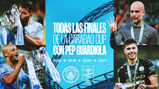 Collage showcasing Manchester City players and Pep Guardiola with the Carabao Cup from finals during 2018-2021, featuring the Manchester City and Carabao Cup logos alongside years of victories.