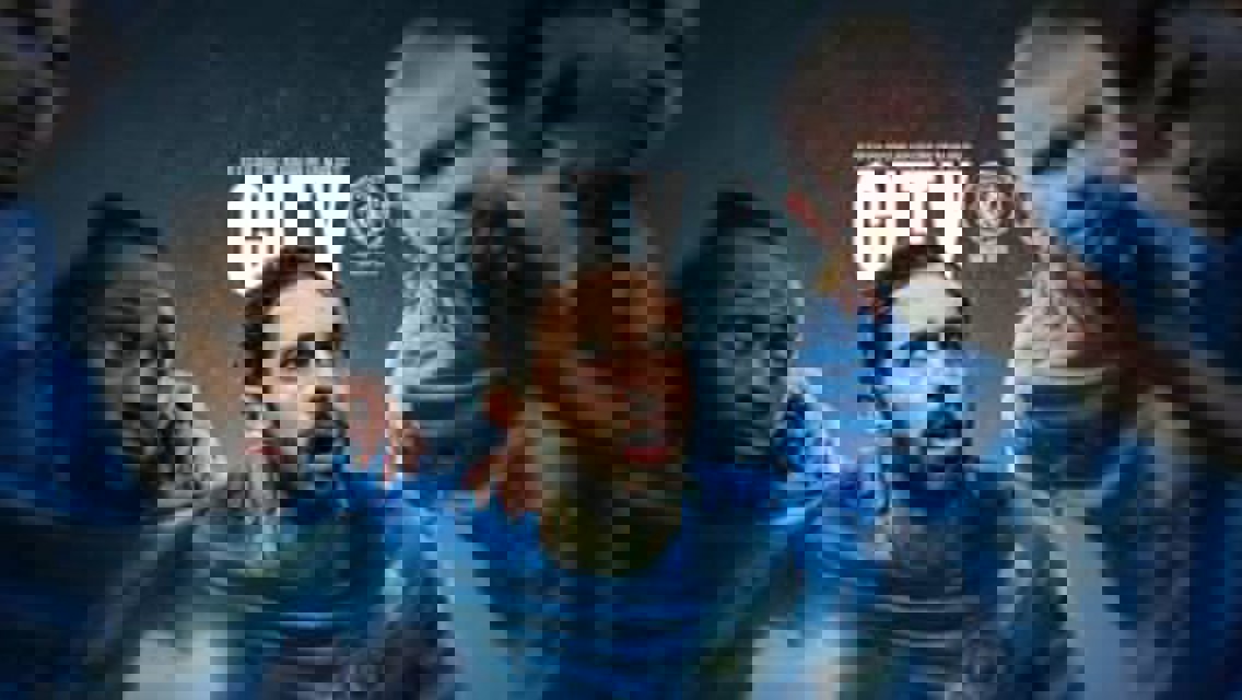 Poster for Manchester City with players wearing the team's kit. Background text reads 'CITY'.