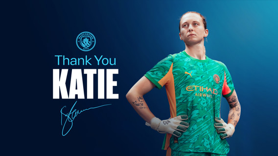 Poster featuring Manchester City logo, text 'Thank You Katie', and a signature. Person wearing a green Manchester City football jersey with orange accents.