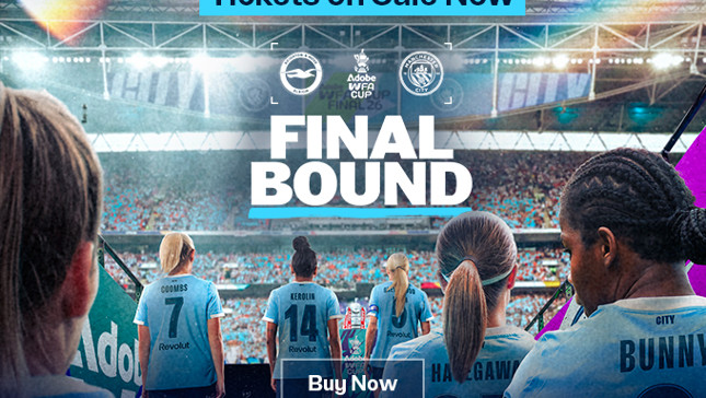 Promotional image for the Adobe WFA Cup Final featuring Manchester City Women's football team and match details.