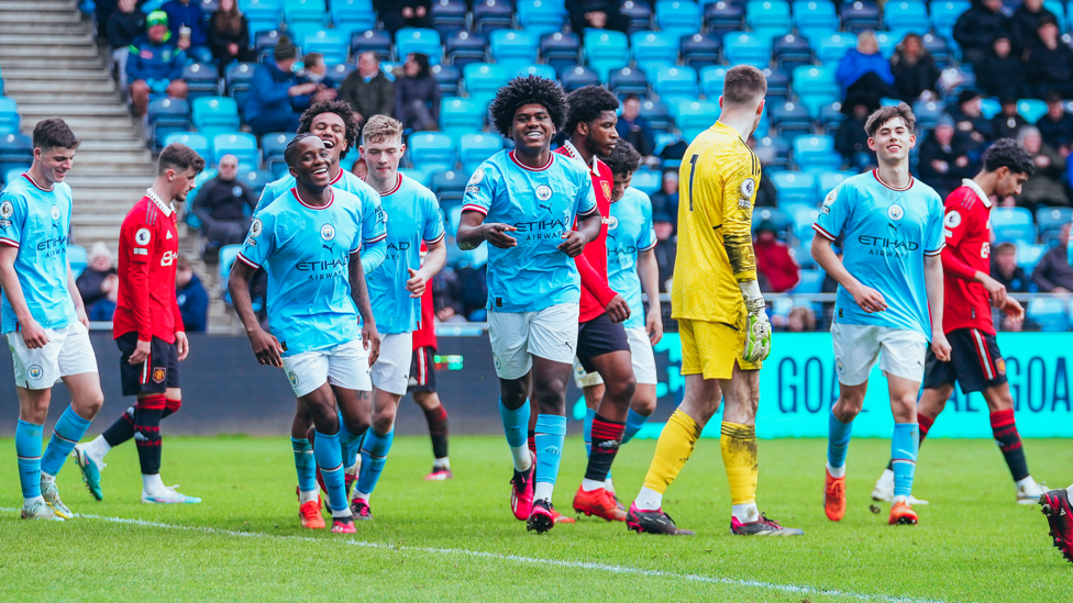 BRAGGING RIGHTS : Jaden Heskey completes the scoring as City hit United for six once again!