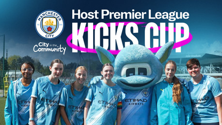 Group photo at the City in the Community event hosted by Manchester City, featuring the mascot and participants in football kits. The event is titled 'Host Premier League Kicks Cup'.