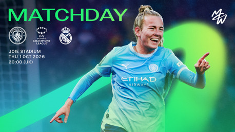Promotional graphic for the Manchester City women's team match against Real Madrid at Joie Stadium on Thursday, October 1, 2026, at 20:00 UK time.