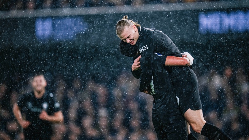 TON UP ERLING: The City striker celebrates after bringing up his City Premier League century.
