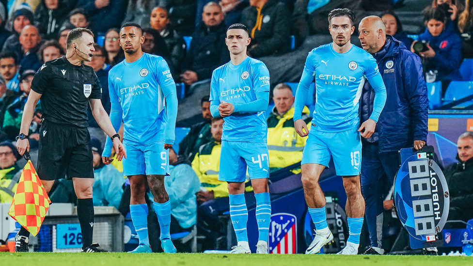 OFF THE BENCH : Pep wrings the changes, bringing on Phil, Gabby and Jack in search of a goal. 
