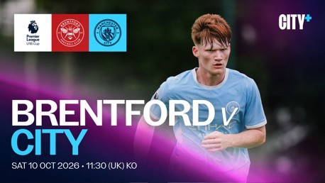 Header image for Brentford vs Manchester City U18 Premier League Cup match on Sat 10 Oct 2026 at 11:30 (UK) KO. A player in a Manchester City kit is running.