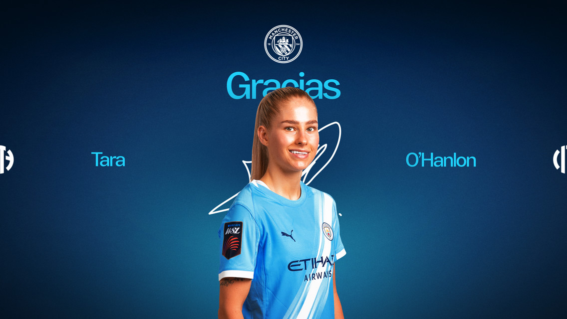 A smiling woman in a Manchester City jersey appears against a blue background with the word 'Gracias' and 'Tara O'Hanlon' around her.