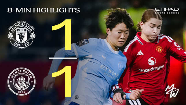 Scoreboard showing Manchester United 1 - 1 Manchester City in a Women's Super League match highlight banner.