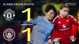 Scoreboard showing Manchester United 1 - 1 Manchester City in a Women's Super League match highlight banner.