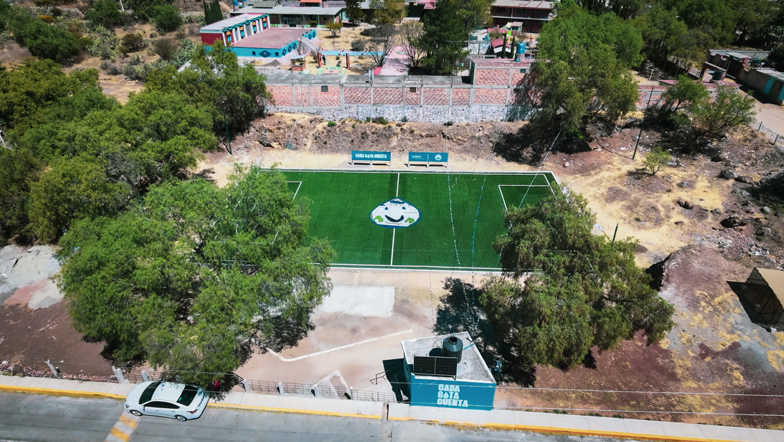 Aerial view of a small soccer field with trees surrounding it and nearby buildings.