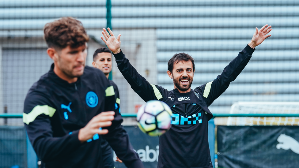 HANDS UP : Bernardo Silva celebrates a training ground triumph