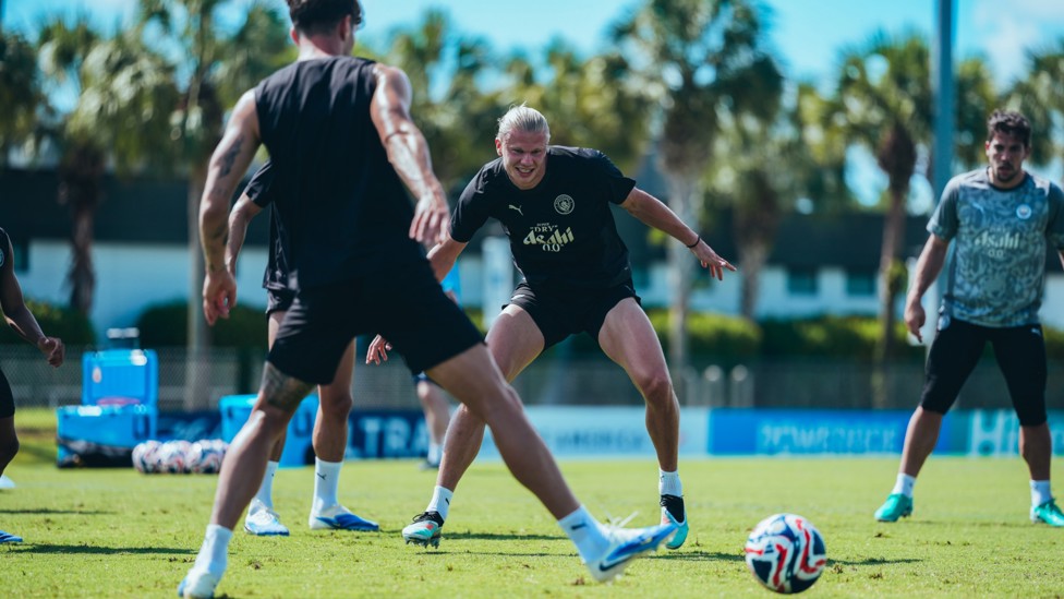 CHASING THE DREAM : Erling Haaland working hard in a rondo