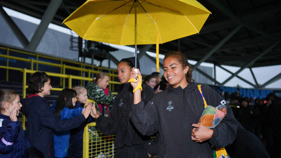 Feels like home : Mary Fowler and Jade Rose enjoying the Manchester weather upon arrival
