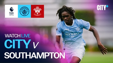 Promotional banner for Manchester City vs Southampton in the Premier League U18 Cup.