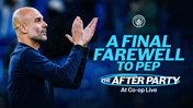 A Manchester City event poster featuring a silhouette of a person clapping, reading 'A Final Farewell to Pep' and 'The After Party at Co-op Live'.