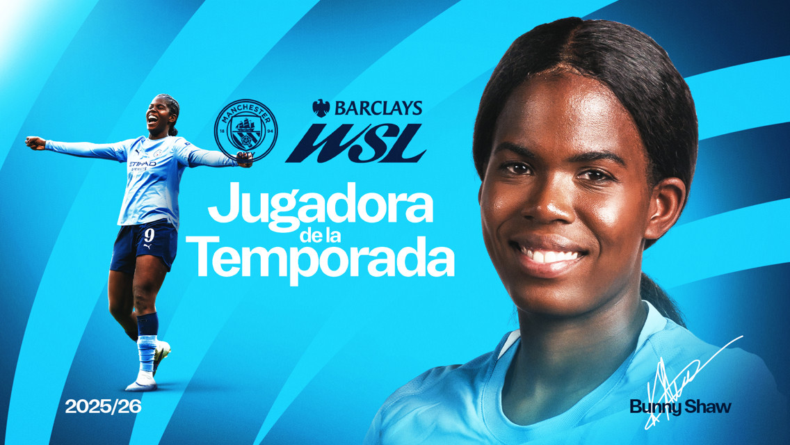 A promotional graphic for the Barclays Women's Super League Player of the Season 2025/26, featuring a Manchester City player, with text in Spanish.