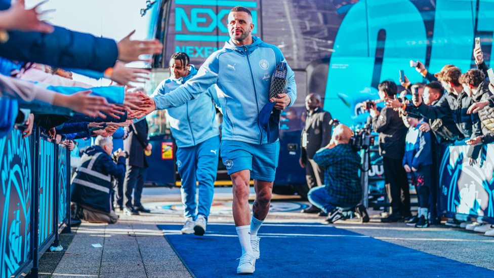 CAPTAIN WALKER: Kyle Walker leads the squad out of the team bus