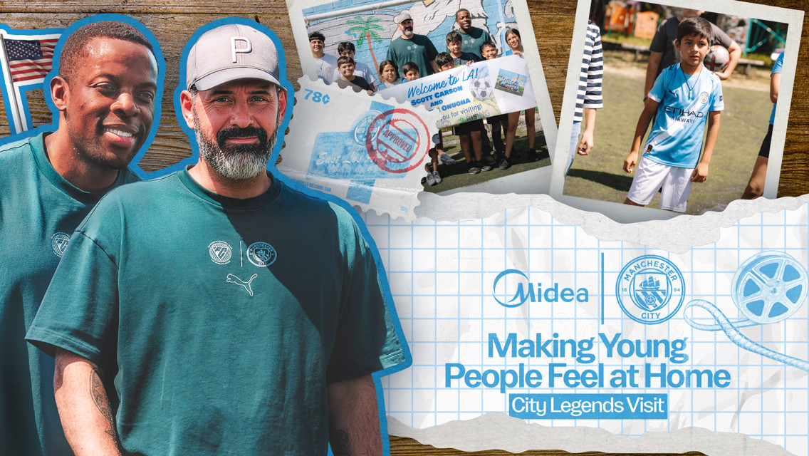 Graphic showcasing Manchester City community event with players interacting with young fans, featuring team logos and themed text.