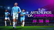 Image featuring Manchester City players with goals scored in Champions League: Sterling 24 goals in 67 games, Haaland 38 goals in 41 games, Aguero 36 goals in 64 games.