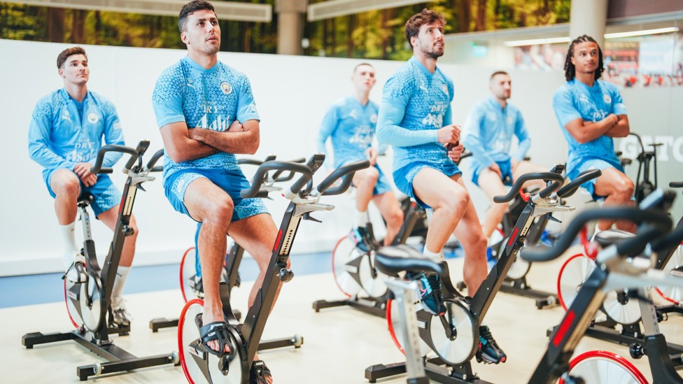 TOUR DE CITY  : The lads are put through their paces on exercise bikes.