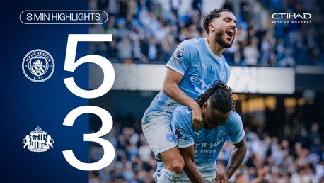 Manchester City players celebrate after scoring in a match against Sunderland AFC. The score is displayed as 5-3 on the left panel. The image includes team logos and highlights description.