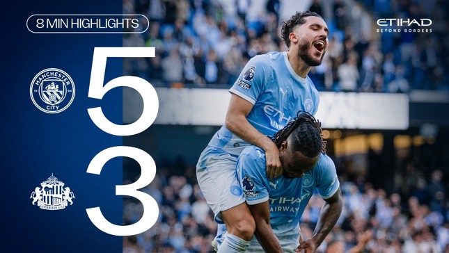 Manchester City players celebrate after scoring in a match against Sunderland AFC. The score is displayed as 5-3 on the left panel. The image includes team logos and highlights description.